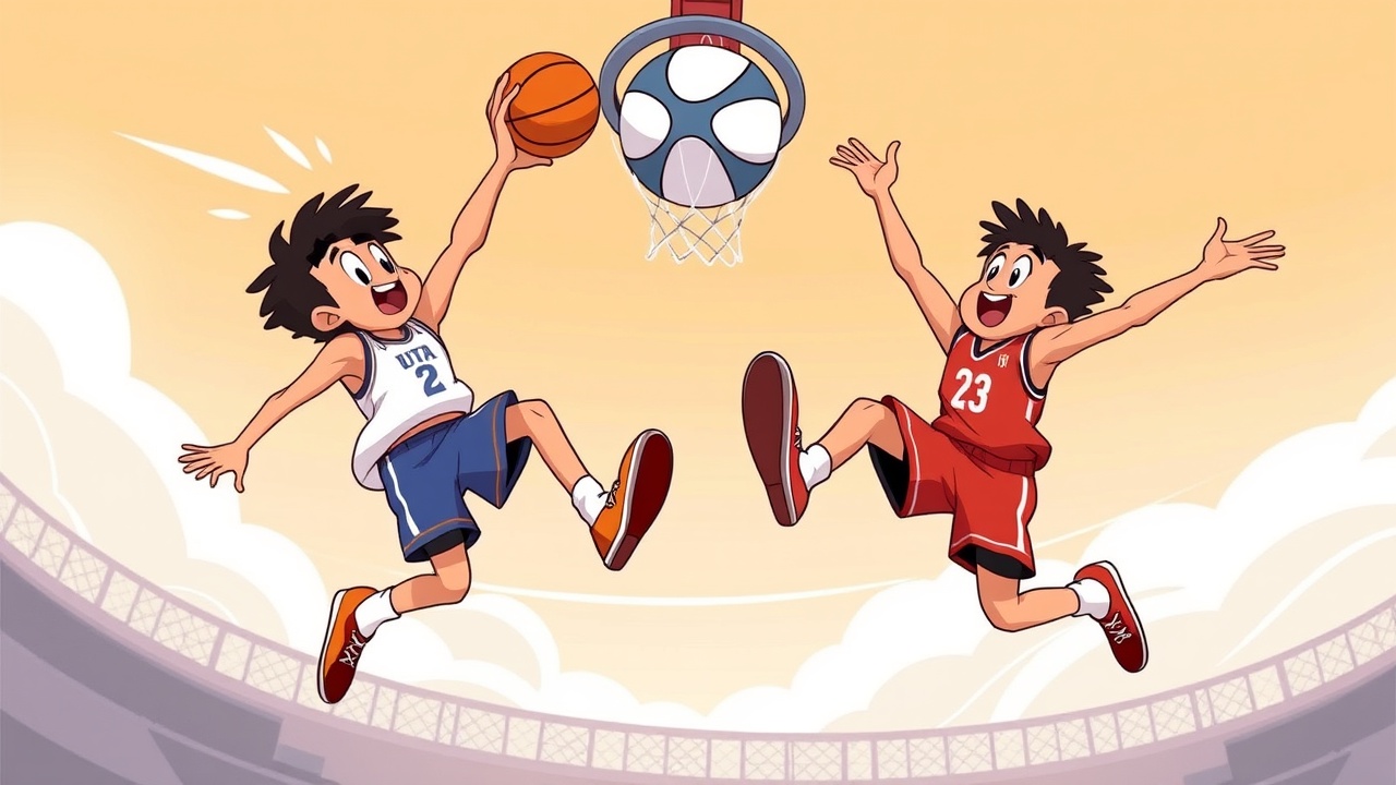 Two animated basketball players jumping to catch a ball in mid-air.