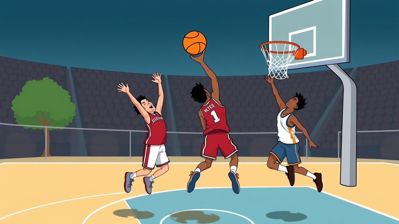 Two players jumping to shoot a basketball