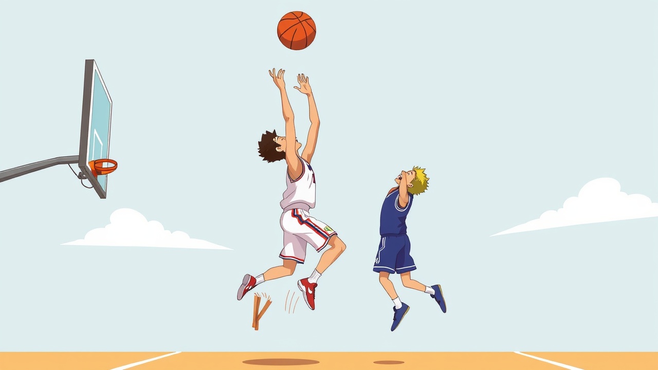 Two players jumping to catch a basketball in mid-air.